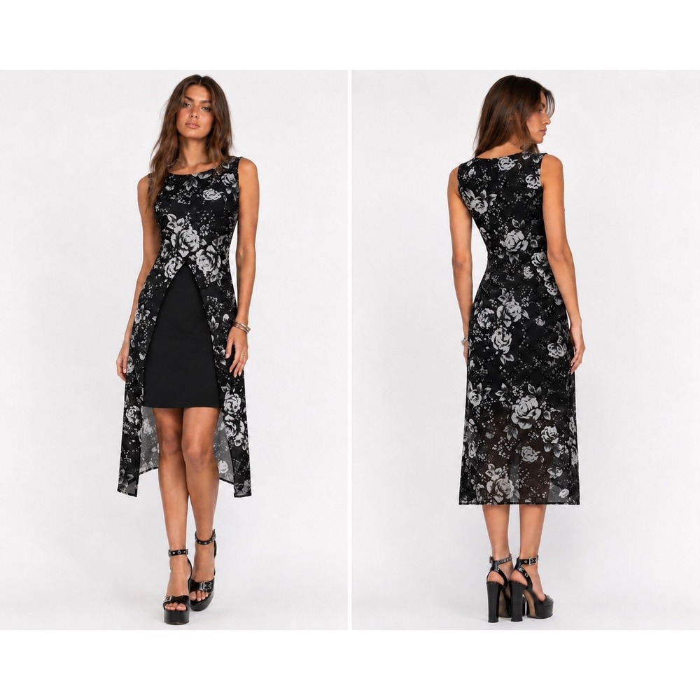 90's Savvy Floral High-Low Midi Dress Small Sleeveless Layered Overlay